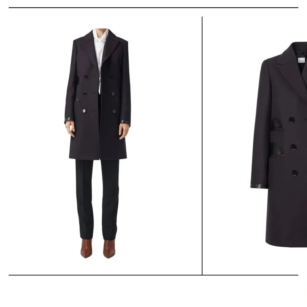 Burberry Dark Wool Trench Coat with Leather Accents - Picture 2 of 13